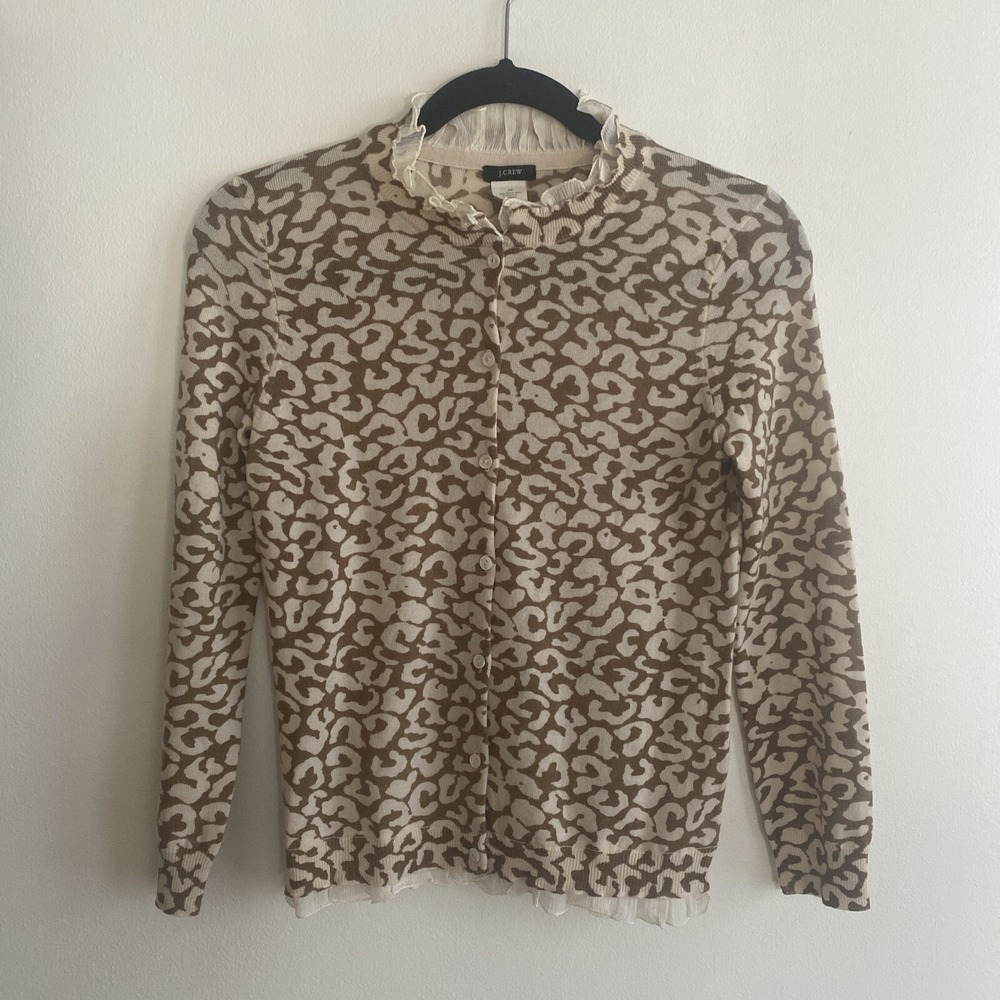 J Crew Animal Print Merino Wool Cardigan Sweater Ruffle Trim Size XS